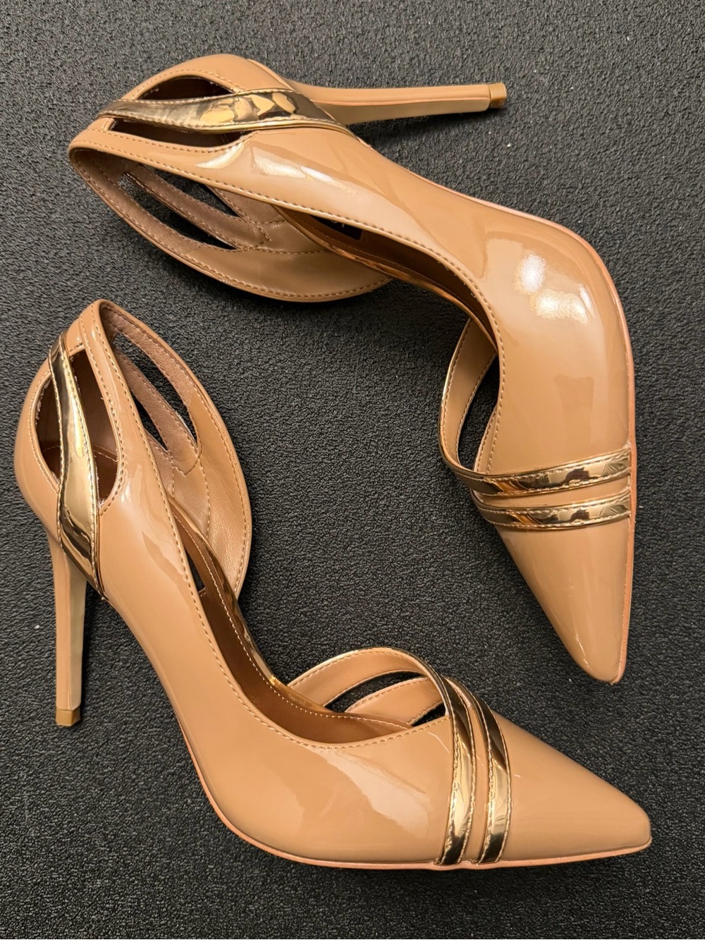 Nine West Nude Patent Pointed-Toe Stiletto Heels with Gold Straps